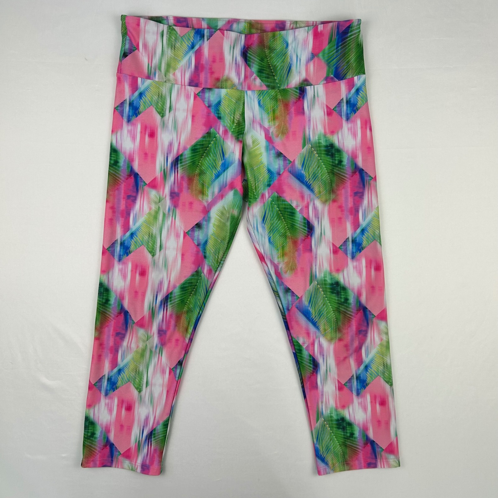 Onzie Womens Tropical Palm Geometric High Rise Yoga Leggings Pink Green Large